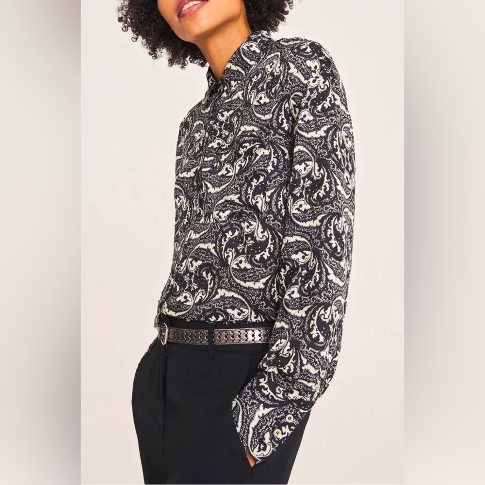 Ba&sh Soko Silk Blend Paisley Satin Jacquard Shirt Black White S Business Casual